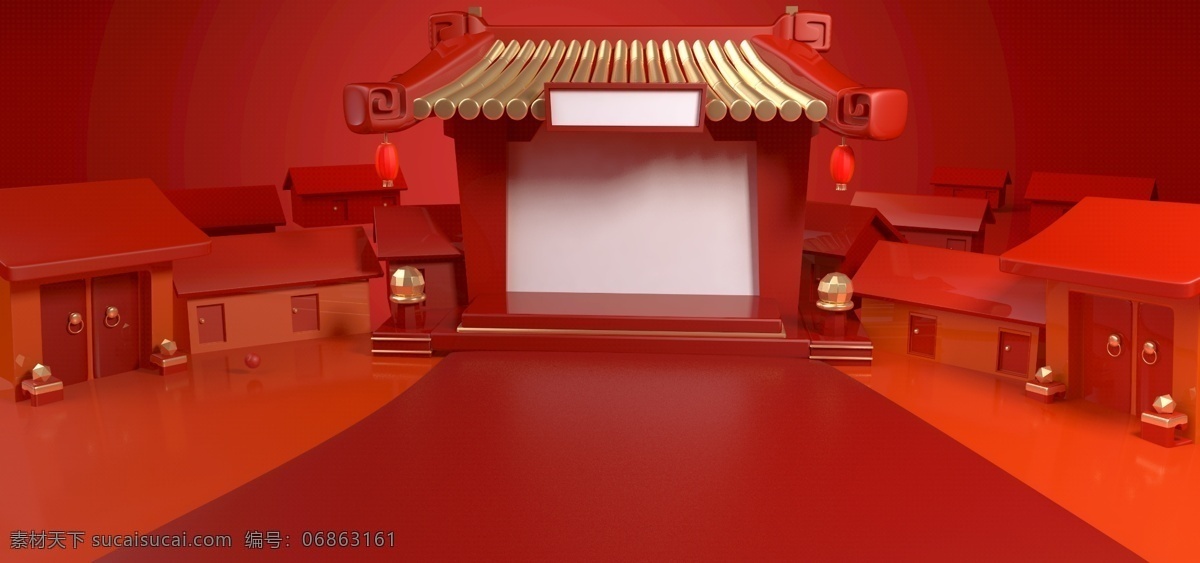 中国 风 c4d 小建 筑 电商 背景 中国风 c4d小建筑 电商背景 红色 喜庆 古风 古楼 年货