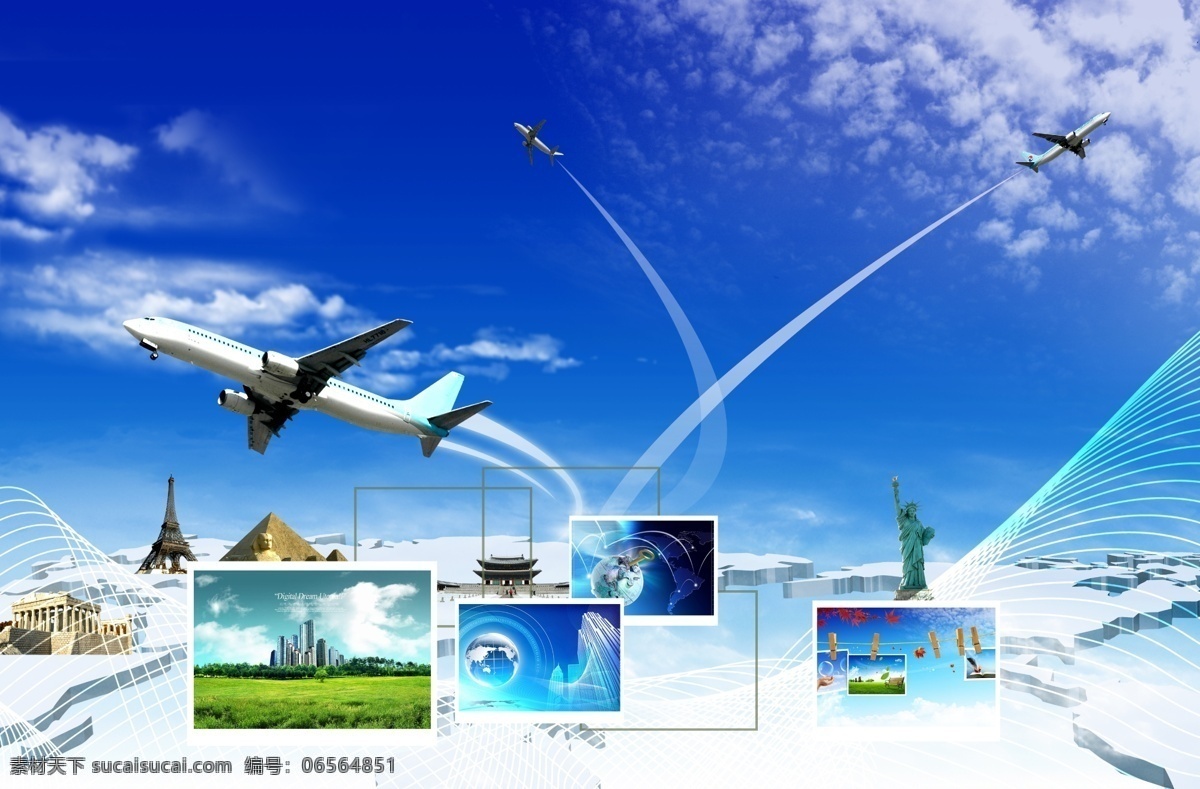 航空飞机 航空 飞机 蓝天 白云 世界 壁纸 经纬 各国标志建筑 地球 设计图 展板模板 广告设计模板 源文件