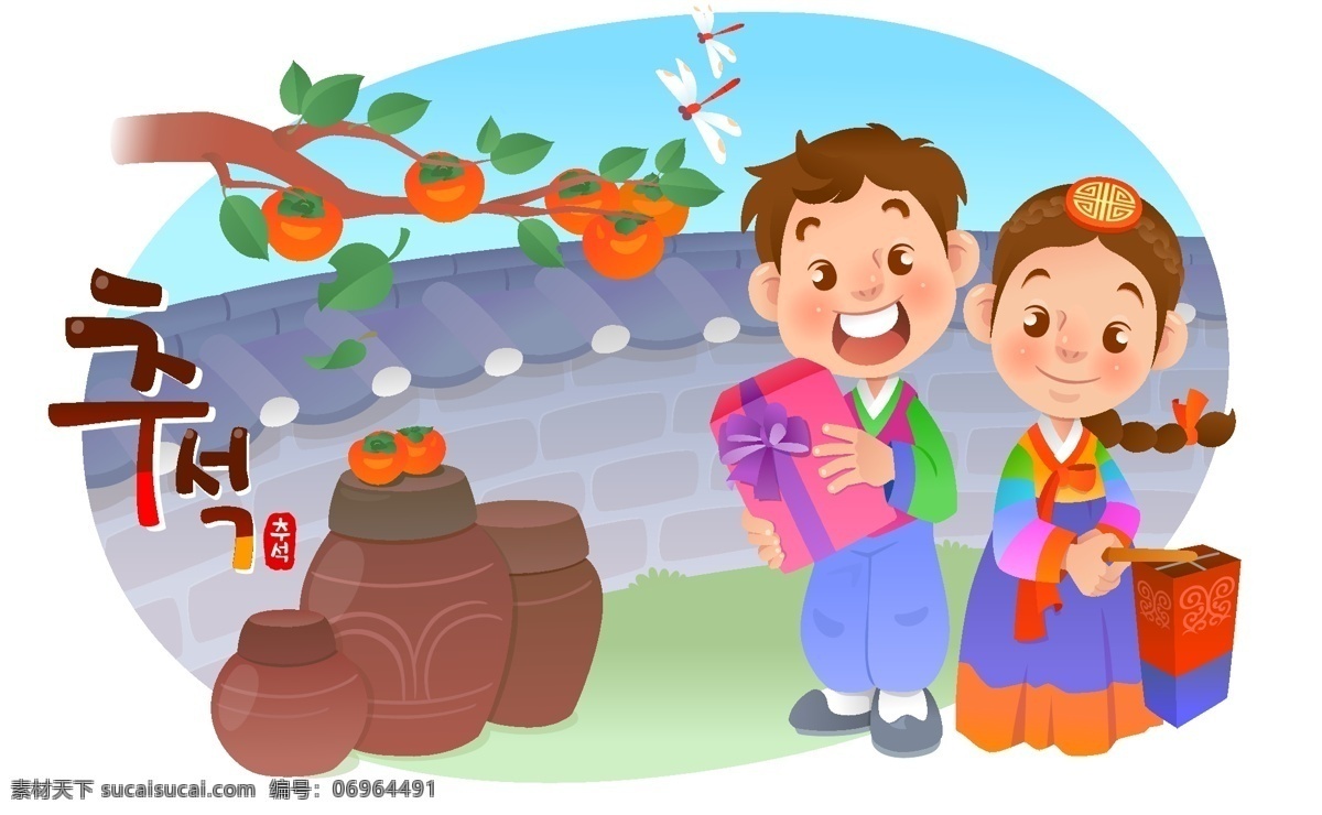韩国 传统 服装 孩子 韩服 泡菜 矢量图 矢量人物