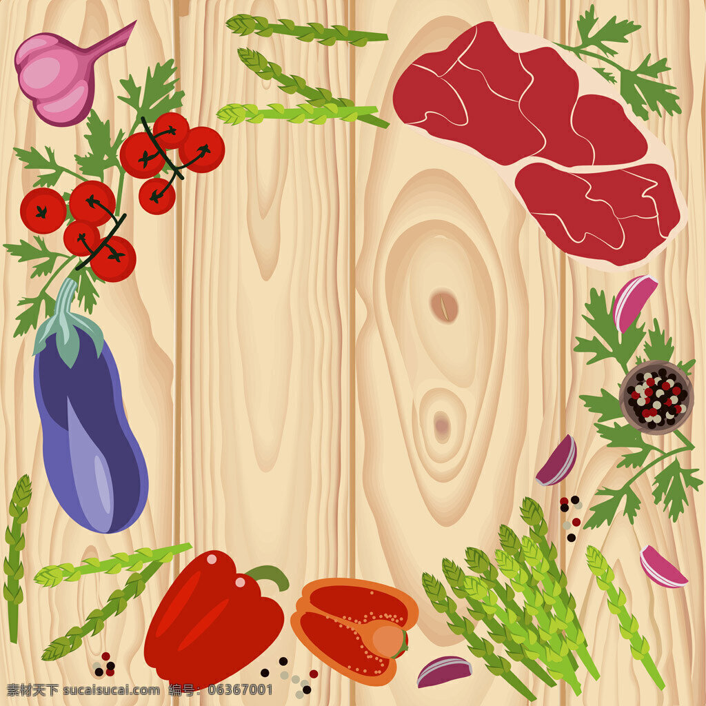 桌子 木纹 食 材 背景 百科元素 豆子 茄子 肉菜 生活元素 食材 蒜头