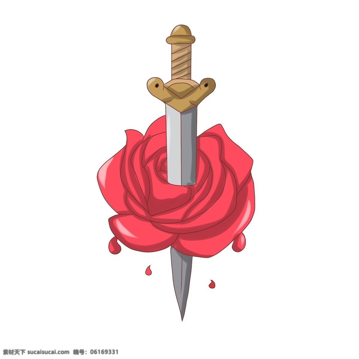 黄色 手柄 的卡 通 宝剑 黄色手柄 短剑 宝剑插画 红色的玫瑰 玫瑰插画 创意宝剑插画 短剑插画