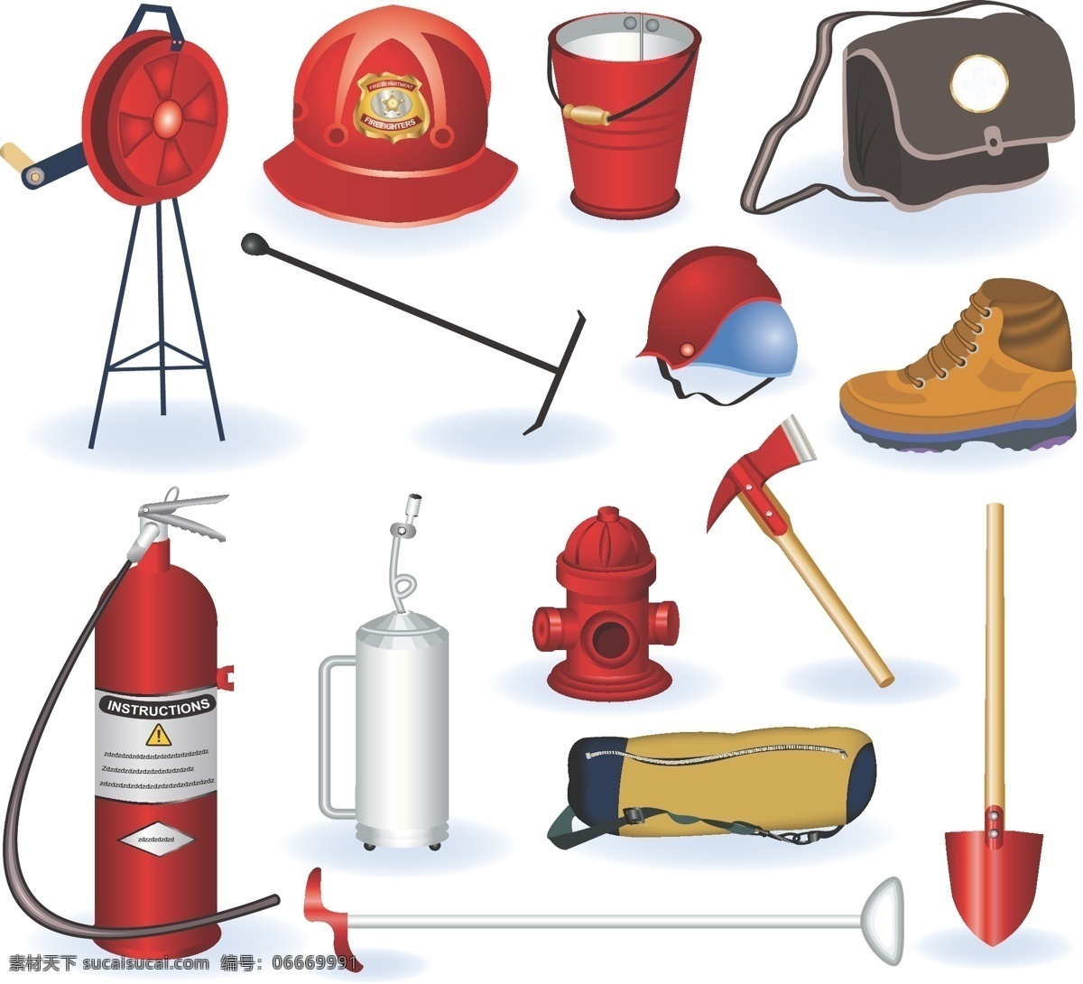 消防安全工具 消防 安全 工具 广告 免费 铲子 灭火 水桶 帽子 书包 鞋子 白色
