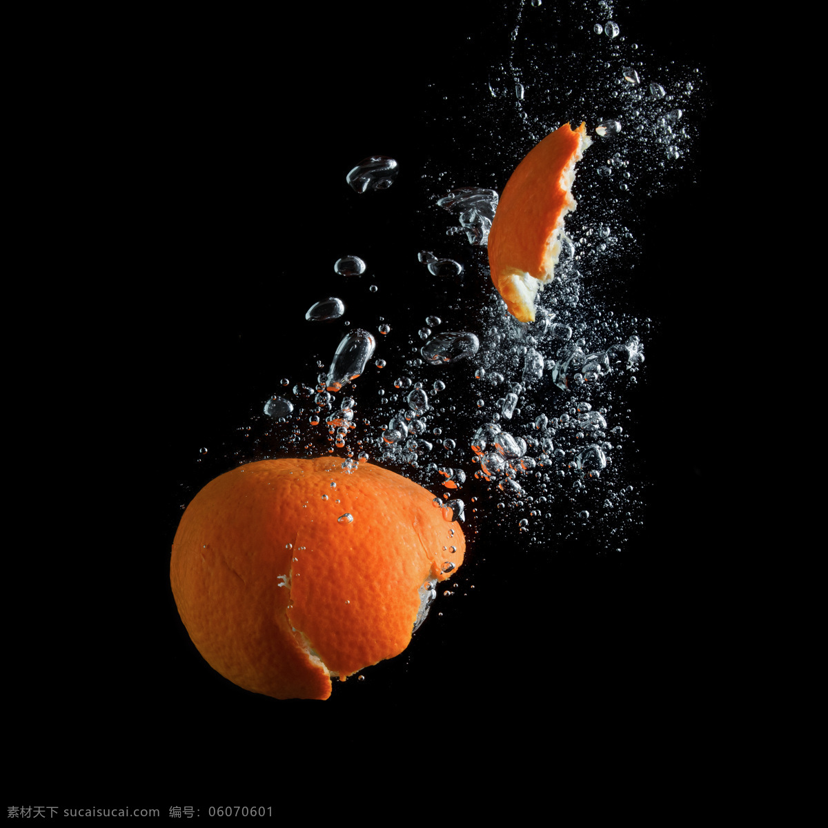 水中 破裂 橘子 水 水珠 水纹 水果 橘子皮 蔬菜图片 餐饮美食