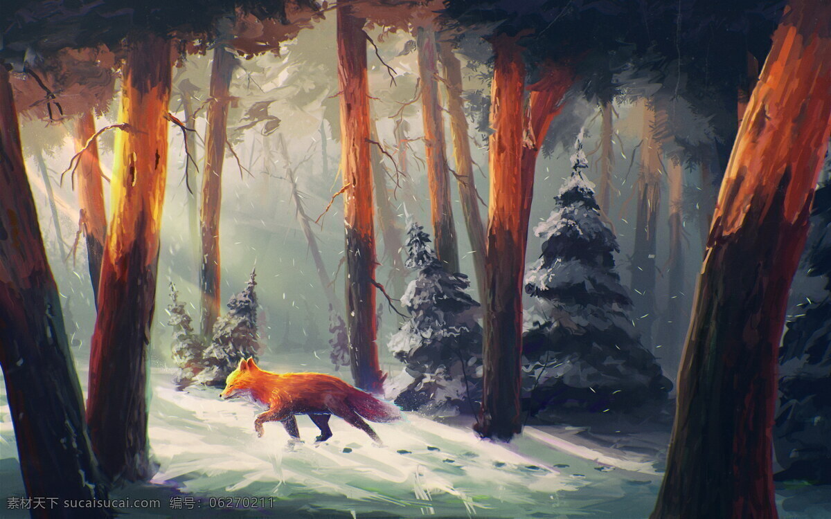 绘画 森林 里 狐狸 手绘画 森林夕阳 雪地 冬天 动漫动画 风景漫画
