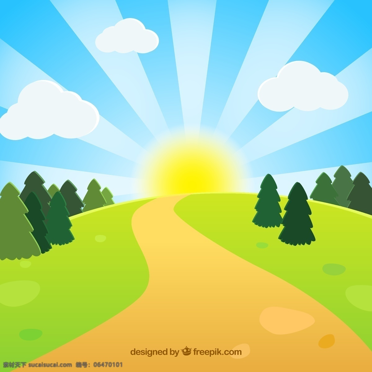 卡通风景 升起的太阳 郊外 自然 太阳 光线 树木 云朵 路 矢量图