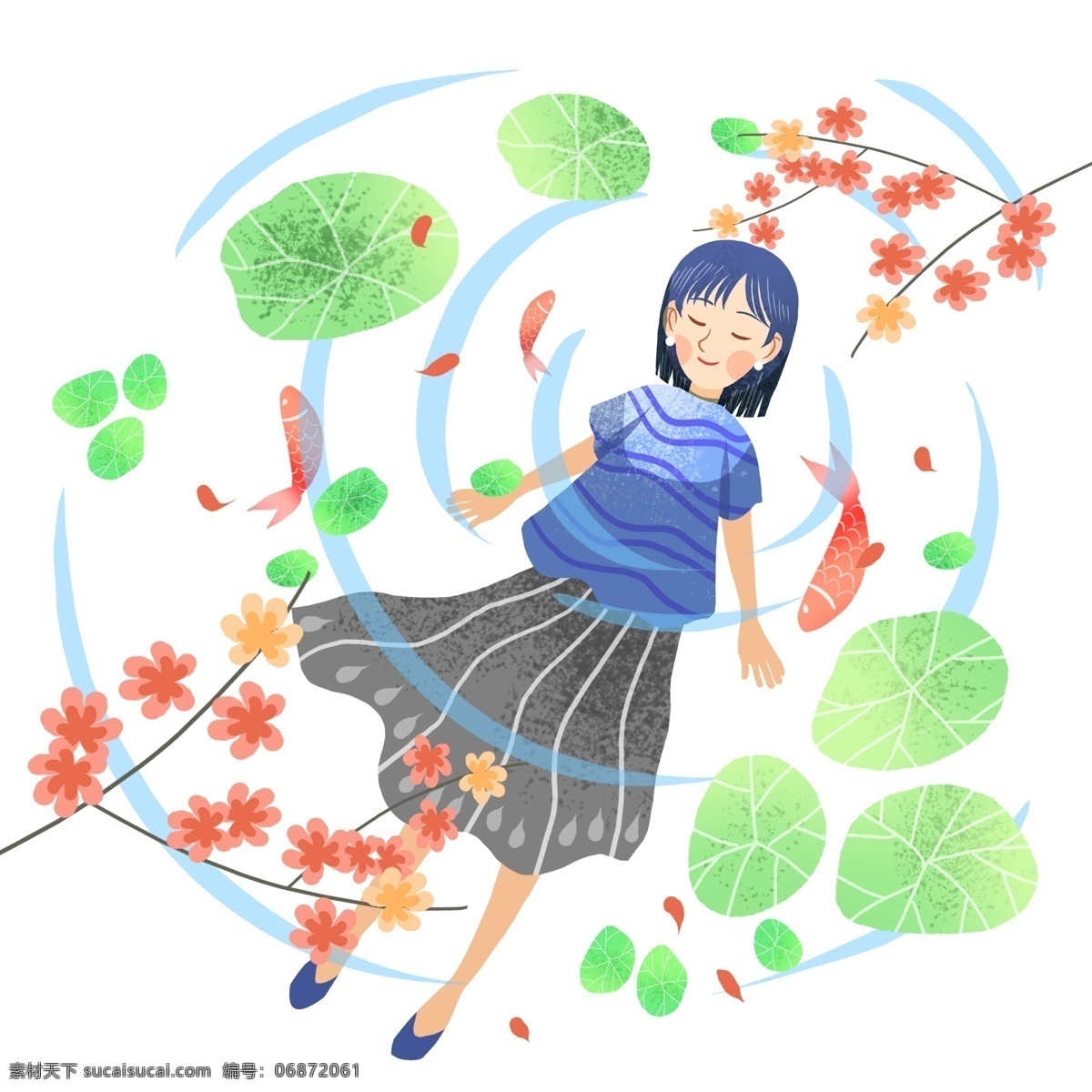 踏青 吹风 小女孩 踏青人物插画 吹风的小女孩 红色的树叶 绿色的荷叶 卡通人物 漂亮的小女孩