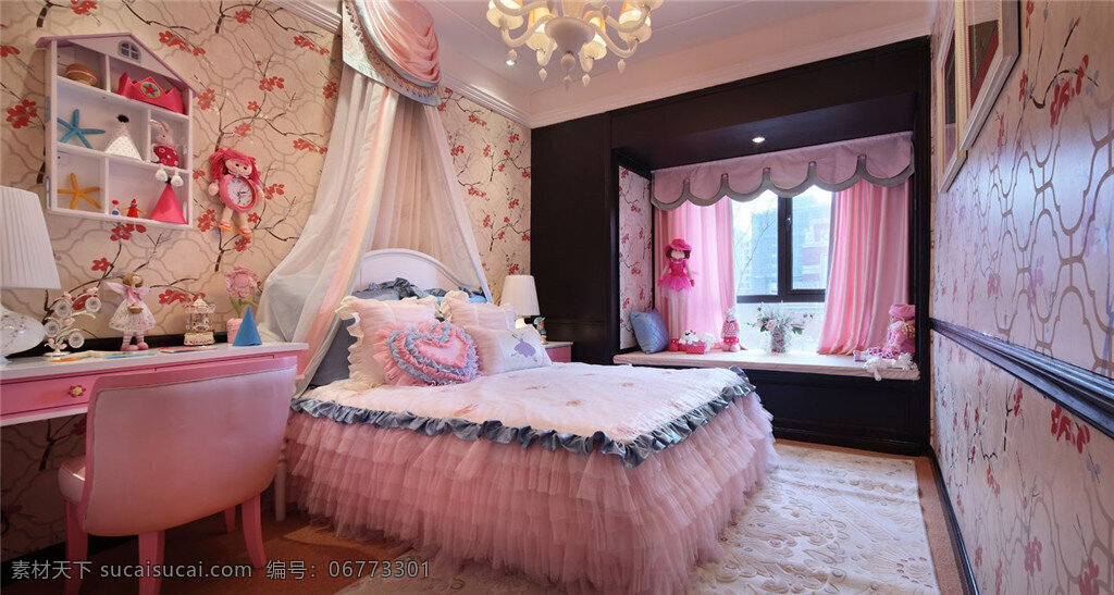 可爱 甜美 儿童 房 装修 效果图 房间 粉红 粉色 卡通 温馨 卧室 小孩