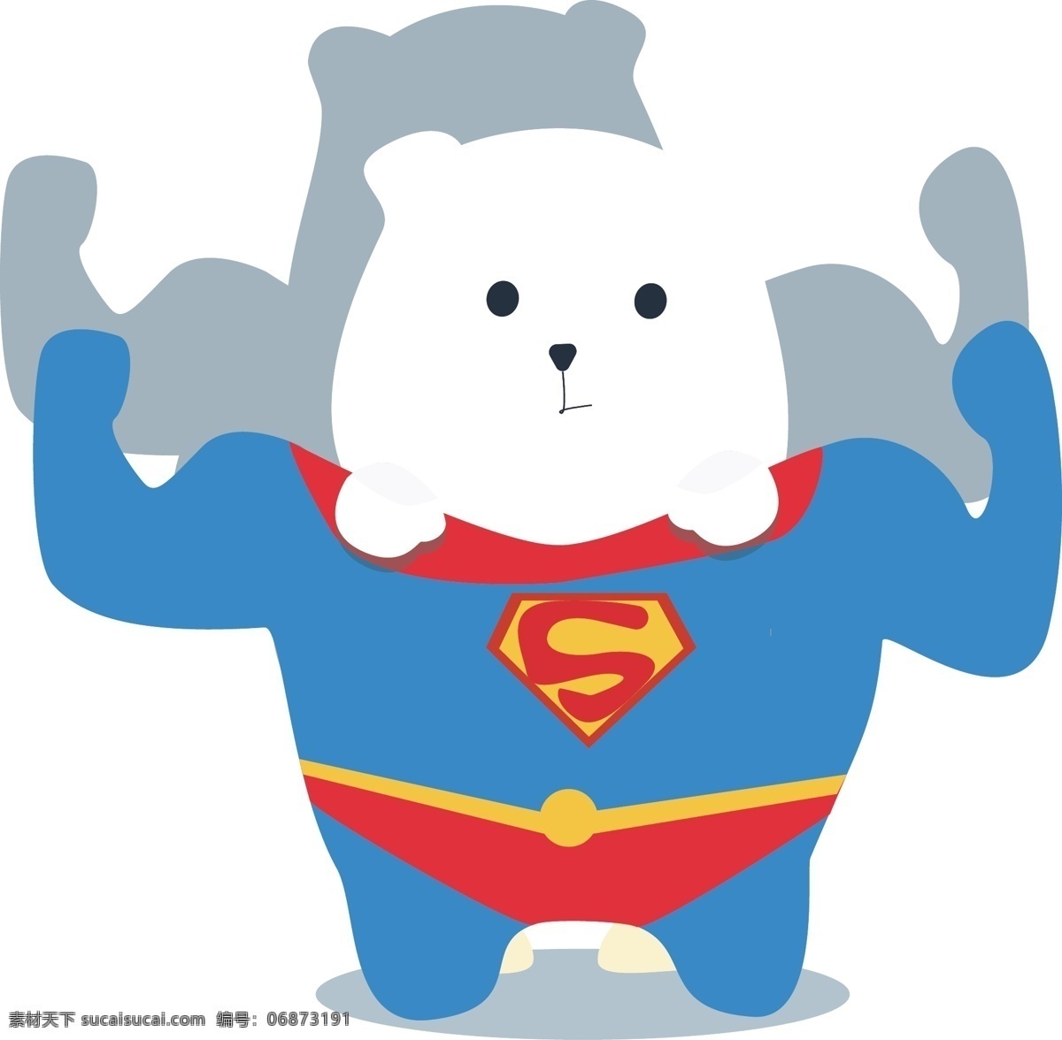 矢量 手绘 小 熊 超人 卡通 白色 小熊 蓝色 超人超人衣服 战斗 衣服 红色 肌肉 有力 有劲