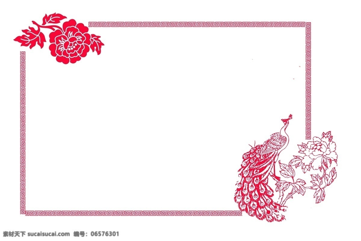 中国 风 红色 新年 孔雀 装饰 边框 插画 剪纸 矢量 装饰边框 孔雀边框 中国风 动物 鲜花