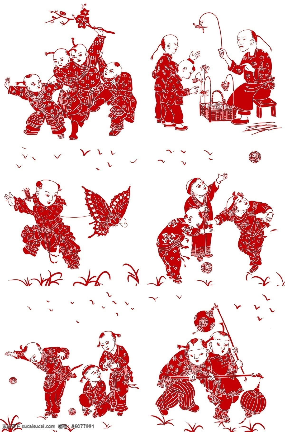 过年 复古 中国 风 手绘 2019年 中国风 传统 插画 剪纸 孩子 节日 红色喜庆 放鞭炮 吉祥