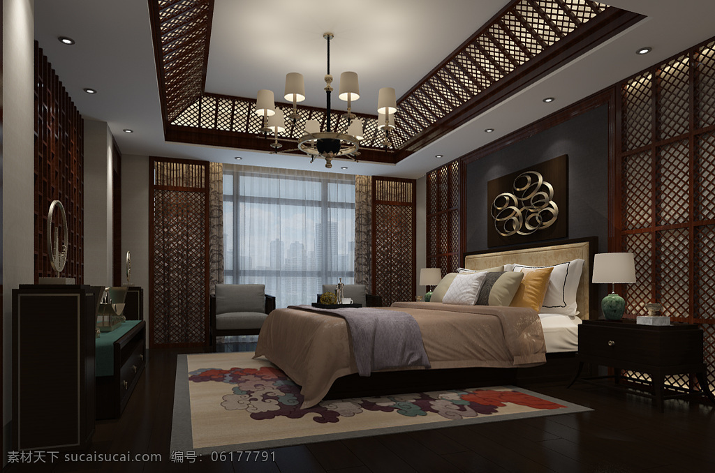 古典 中式 卧室 背景 床 沙发 灯光 电视 台灯 装饰品