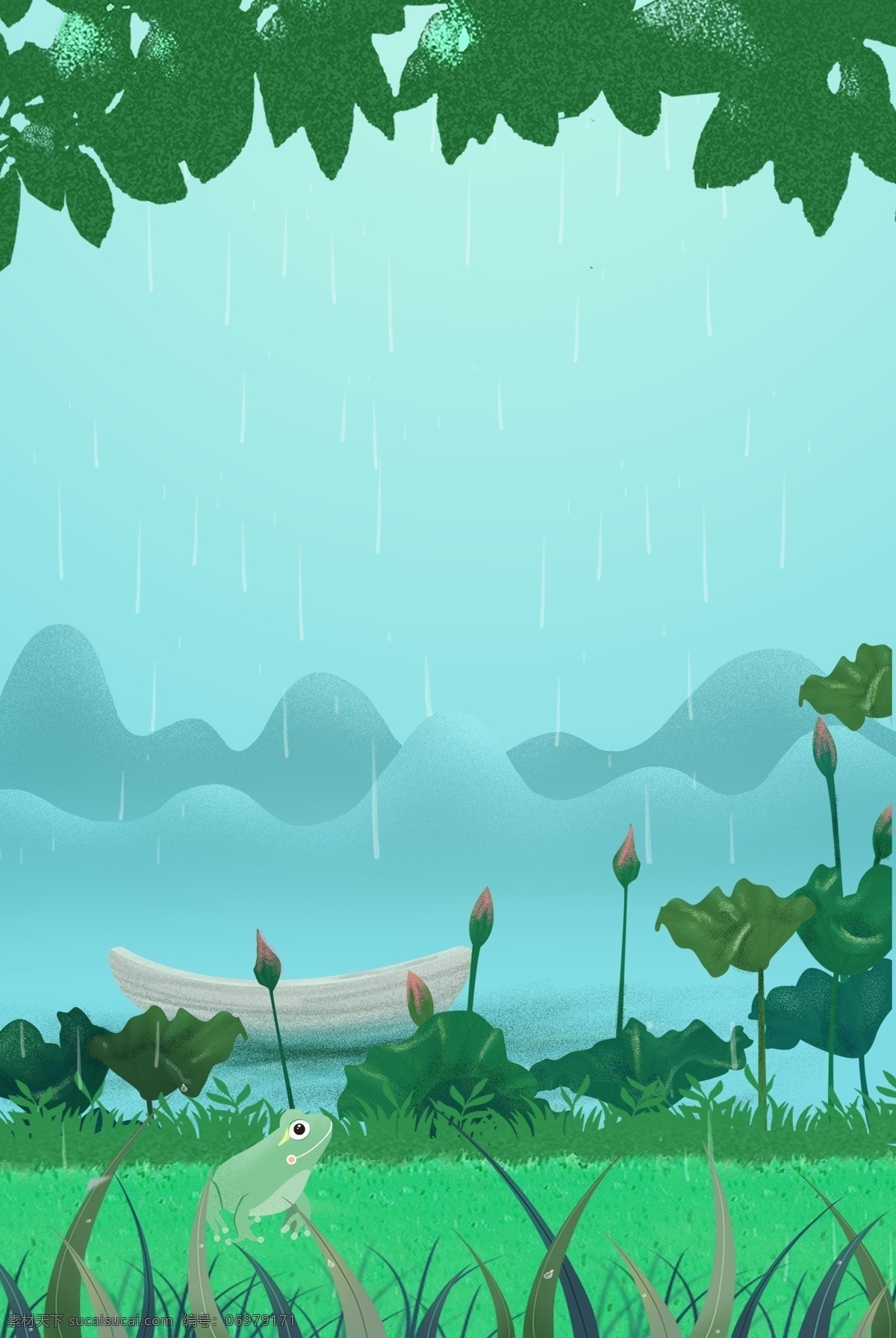 绿色 卡通 春天 惊蛰 节气 雨水 背景 手绘 扁平 万物复苏 矢量 小清新