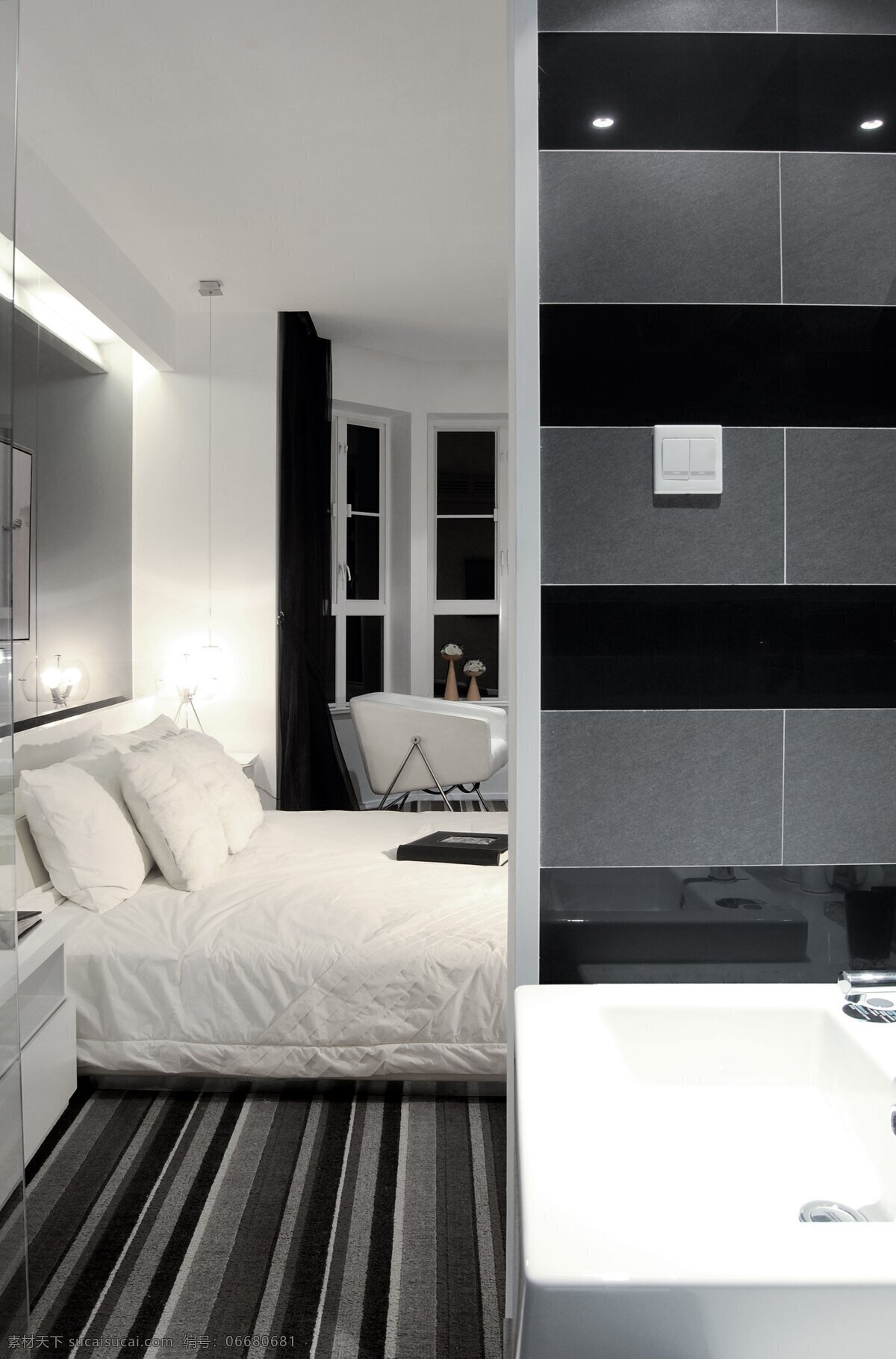 简约 风 室内设计 卧室 卫生间 效果图 现代 床 洗漱台 条纹地毯 白色 调 家装
