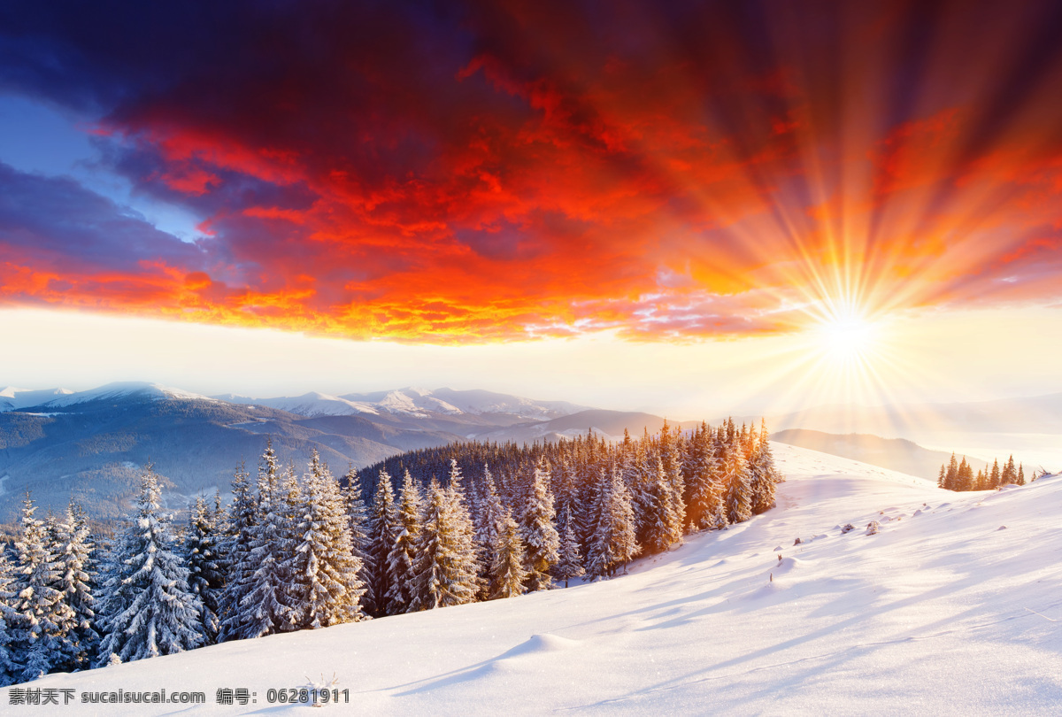 雪景 日出 彩霞 火烧云 阳光 朝霞 晚霞 夕阳 黄昏 雪地 冬天 森林 雪山 山脉 冰雪 松树 针叶林 壮观 壮美 云彩 冰天雪地 冬季 美景 风景 景观 景色 梦幻 唯美 壁纸 美丽自然 自然风景 自然景观