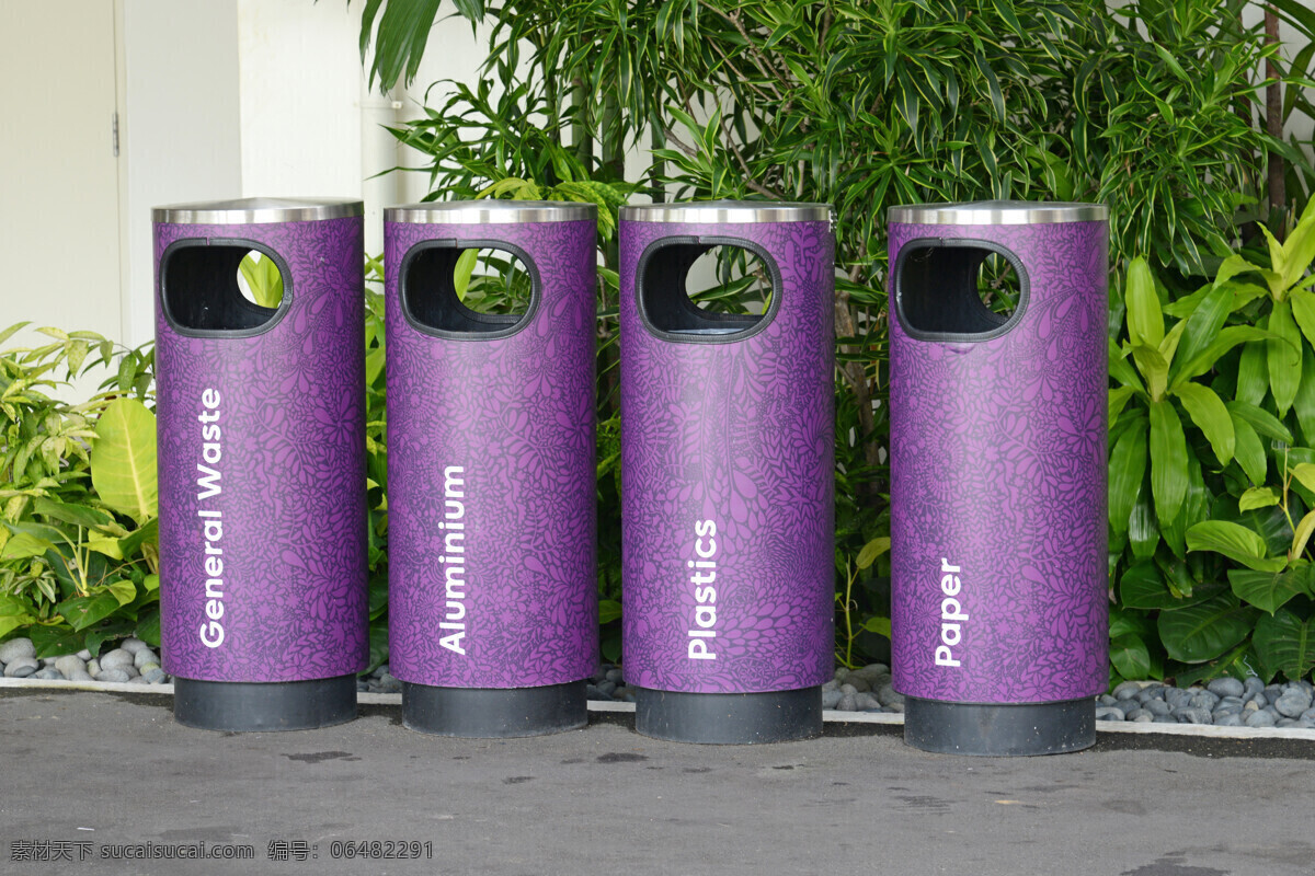 路旁的垃圾桶 紫色垃圾桶 植物 绿叶 保护地球 绿色环保 生态环保 节能环保 环保概念 宇宙太空 其他类别 生活百科 灰色