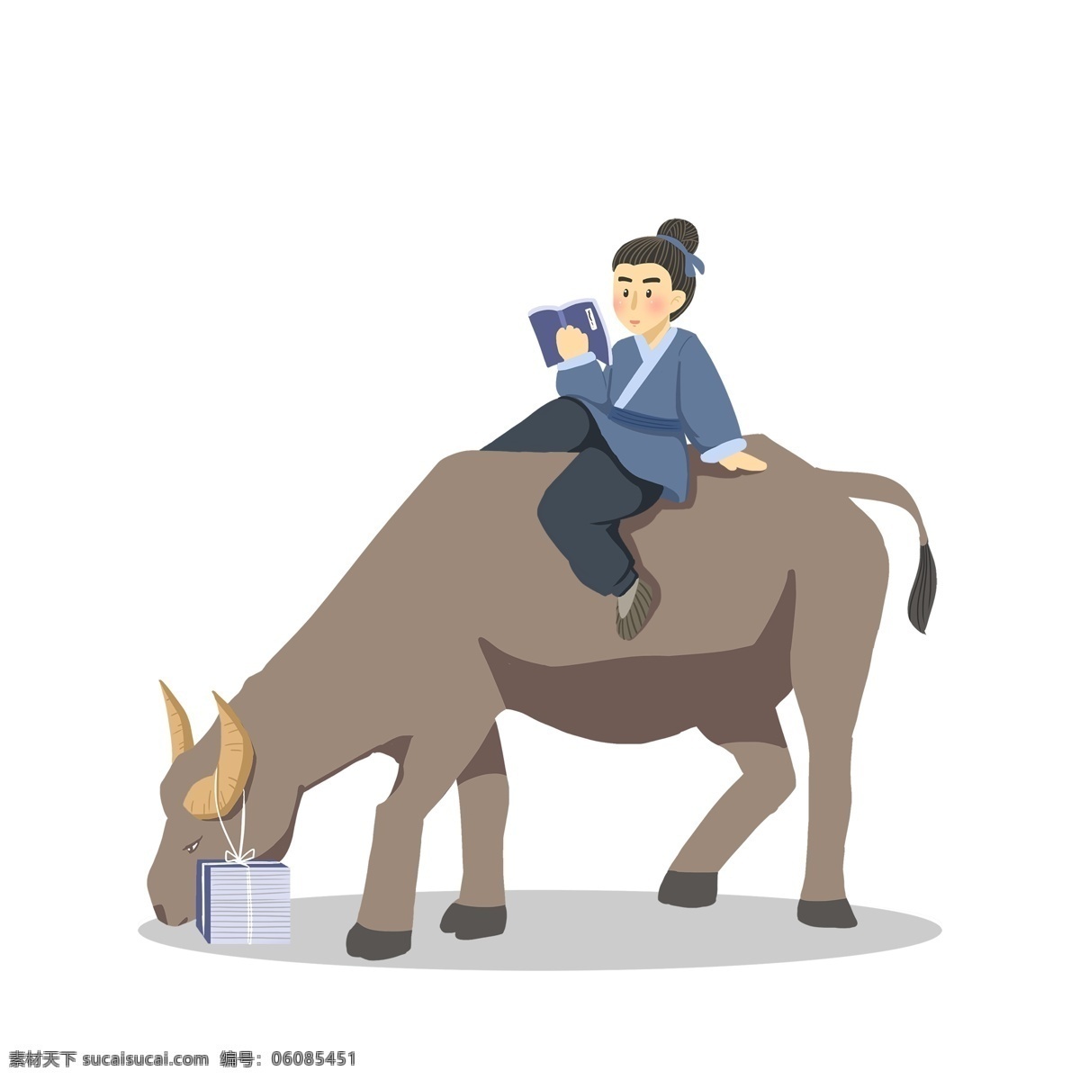 手绘 骑 牛 少年 人物 插画 卡通 骑牛 看书 书童 创意设计