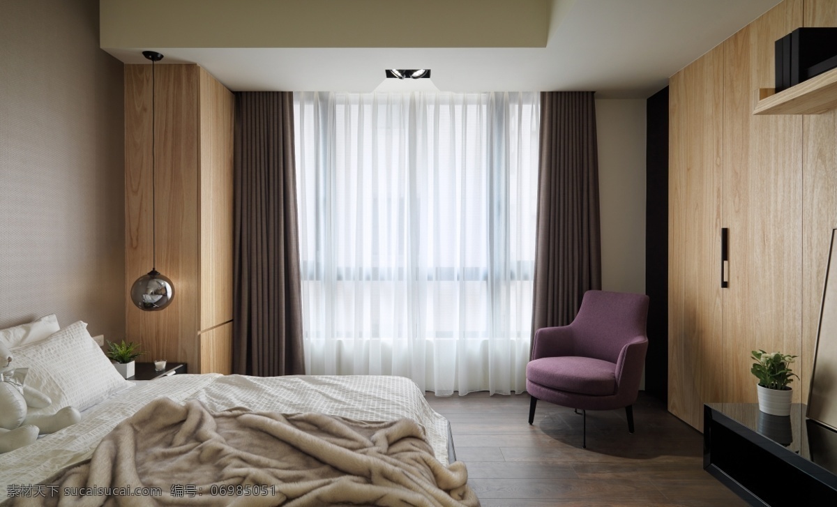 清新 雅致 卧室 紫色 窗帘 室内装修 效果图 卧室装修 木制衣柜 浅色背景墙 木地板