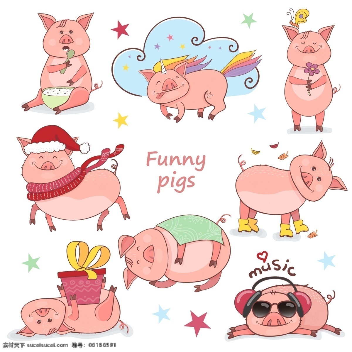 卡通猪集合 矢量猪 可爱猪 猪集合 猪系列动作 猪插画 手绘猪 猪生活 猪年元素 猪吃饭 猪听歌 猪滑冰 猪溜冰 猪睡觉 猪礼物 动物 生物世界 家禽家畜