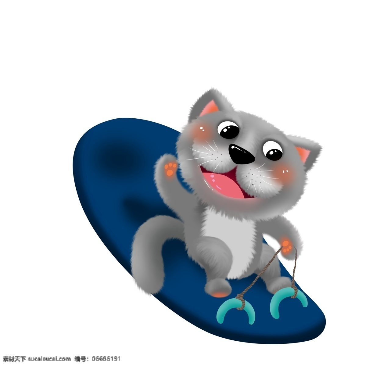 手绘 卖 萌 灰色 猫咪 插画 创意 动物 运动 宠物 滑雪 萌宠