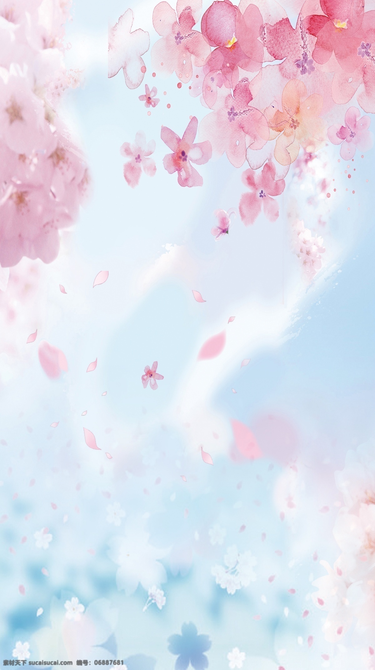 粉色 樱花 蓝天 手绘 彩绘 背 宣传单展架