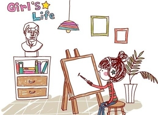 女生的生活 girl s life 绘画 女孩 少女 画画 画板 画笔 颜料 色彩 雕像 书柜 盆栽 凳子 椅子 画架 素描 彩绘 妇女女性 矢量人物 矢量