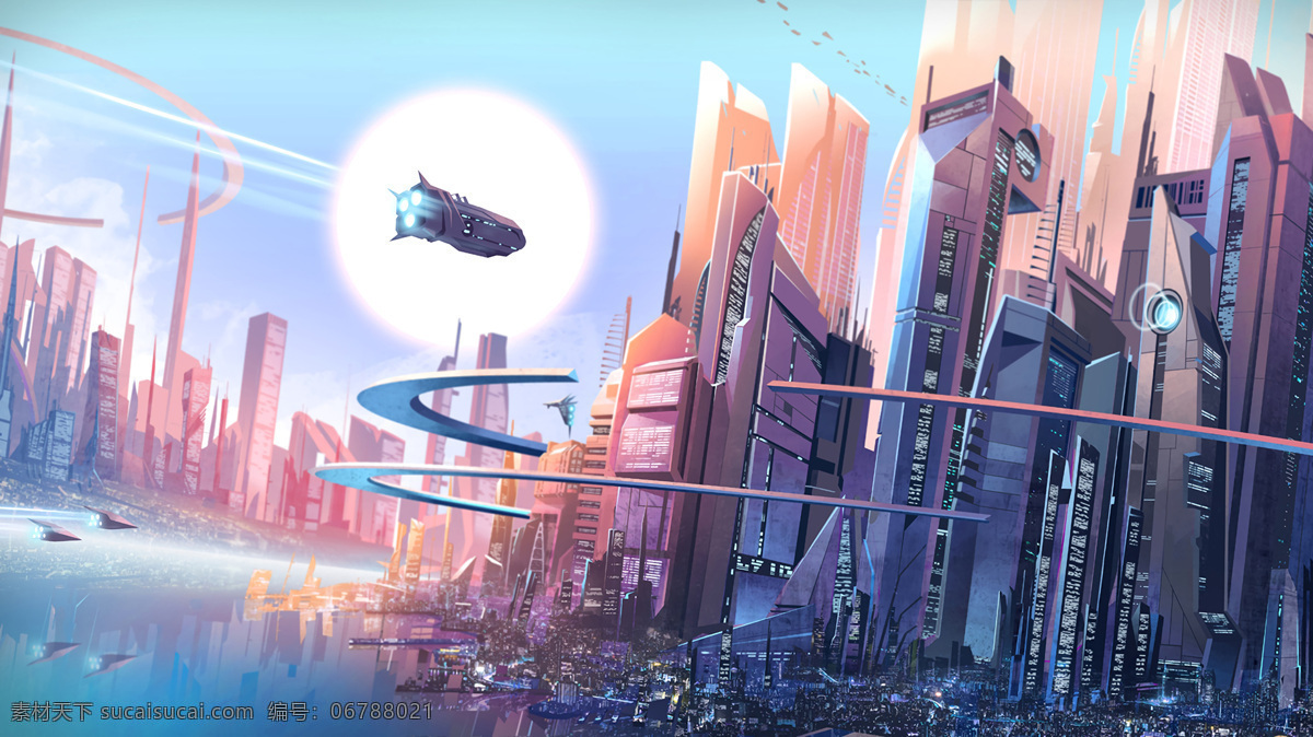 科幻城市 科幻 手绘 城市 科技 飞船 暖色调 梦幻城市 未来 高科技 建筑 高架桥