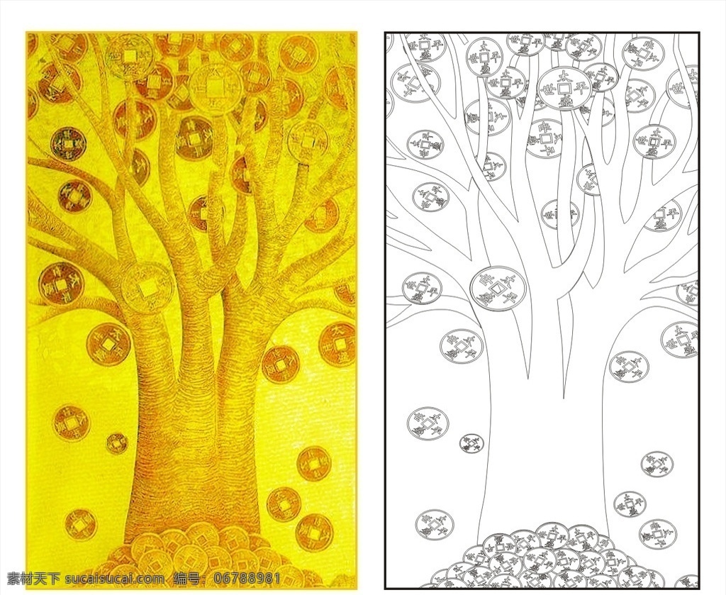 发财树 摇钱树 金钱树 招财树 聚财树 抽象树 单线树 矢量树 生命树 黄金树 玄关 背景墙 艺术玻璃 矢量 图案 文化艺术 绘画书法