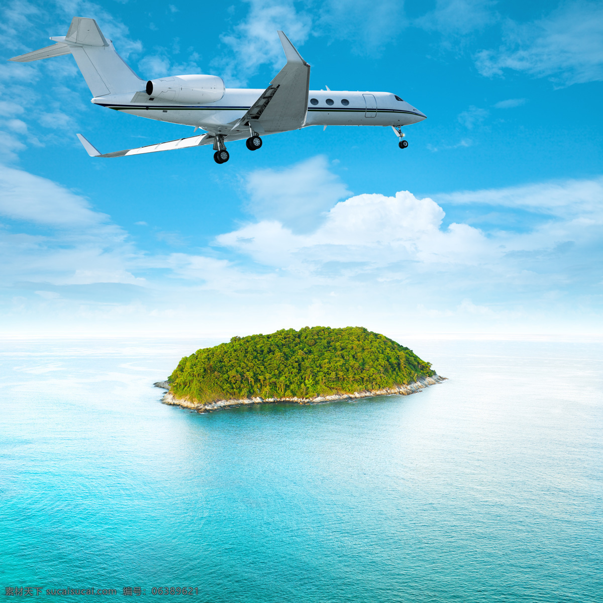 大海 上边 飞行 飞机 蓝天 白云 岛屿 树 客机 旅游 其他类别 生活百科