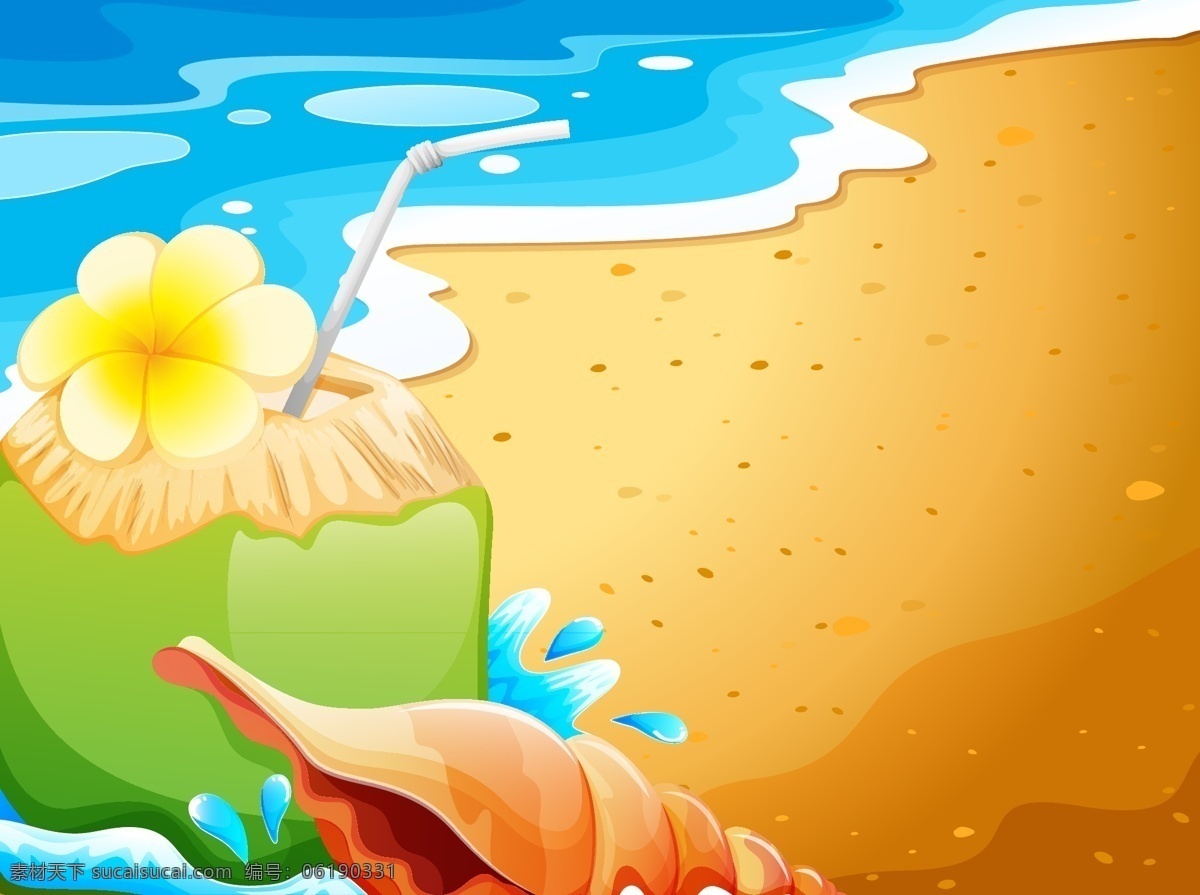 美丽 沙滩 风景 插画 大海 海螺 花朵 椰果