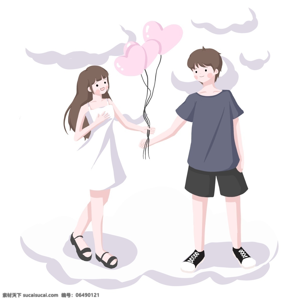 情人节 气球 表白 图 情侣 白色连衣裙 白云朵朵 可爱 粉色爱心气球 短发帅气 色彩靓丽