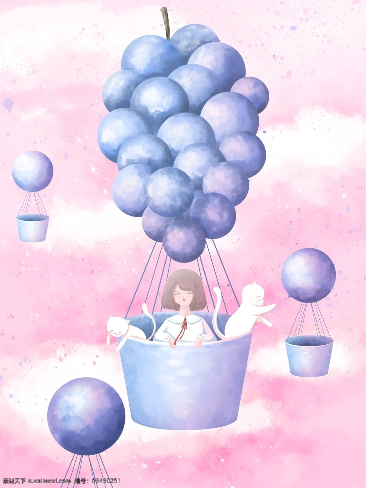 创意 水果 插画 葡萄 热气球 上 女孩 猫 气球 云 天空 清新 创意水果 粉色 水彩 壁纸 背景