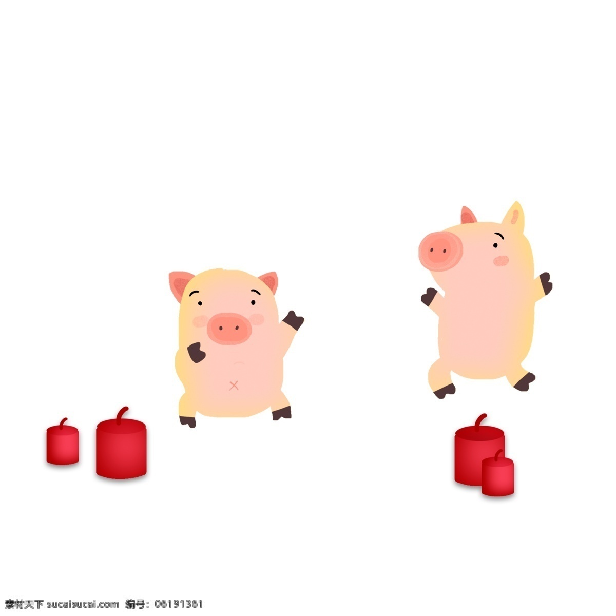 卡通 手绘 猪年 玩 炮竹 小 猪 小猪 春节 插画 粉红小猪