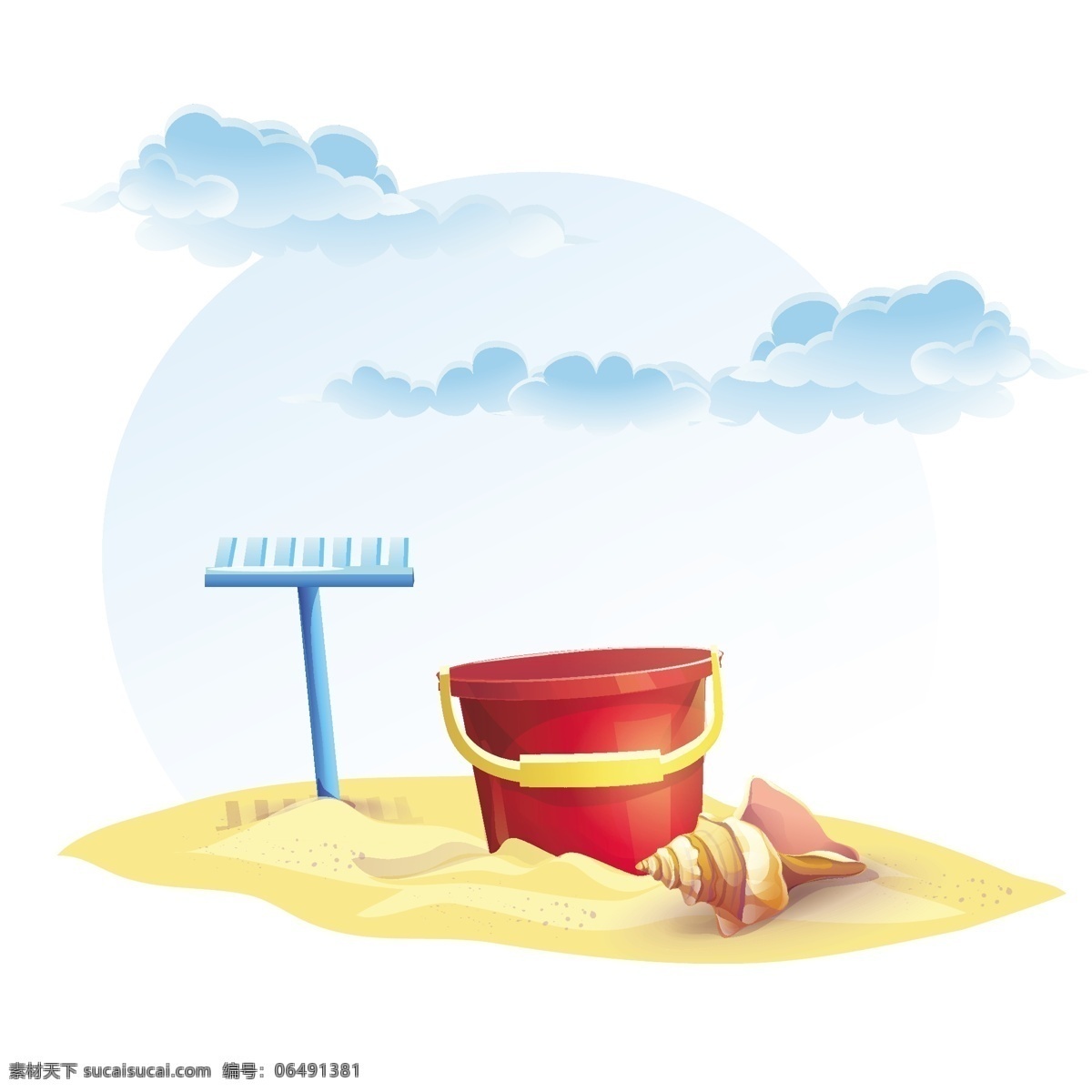 沙滩 上 水桶 沙滩上的水桶 夏日主题 耙 海螺 云朵 白云 手提桶 夏季素材 summer 其他类别 环境家居
