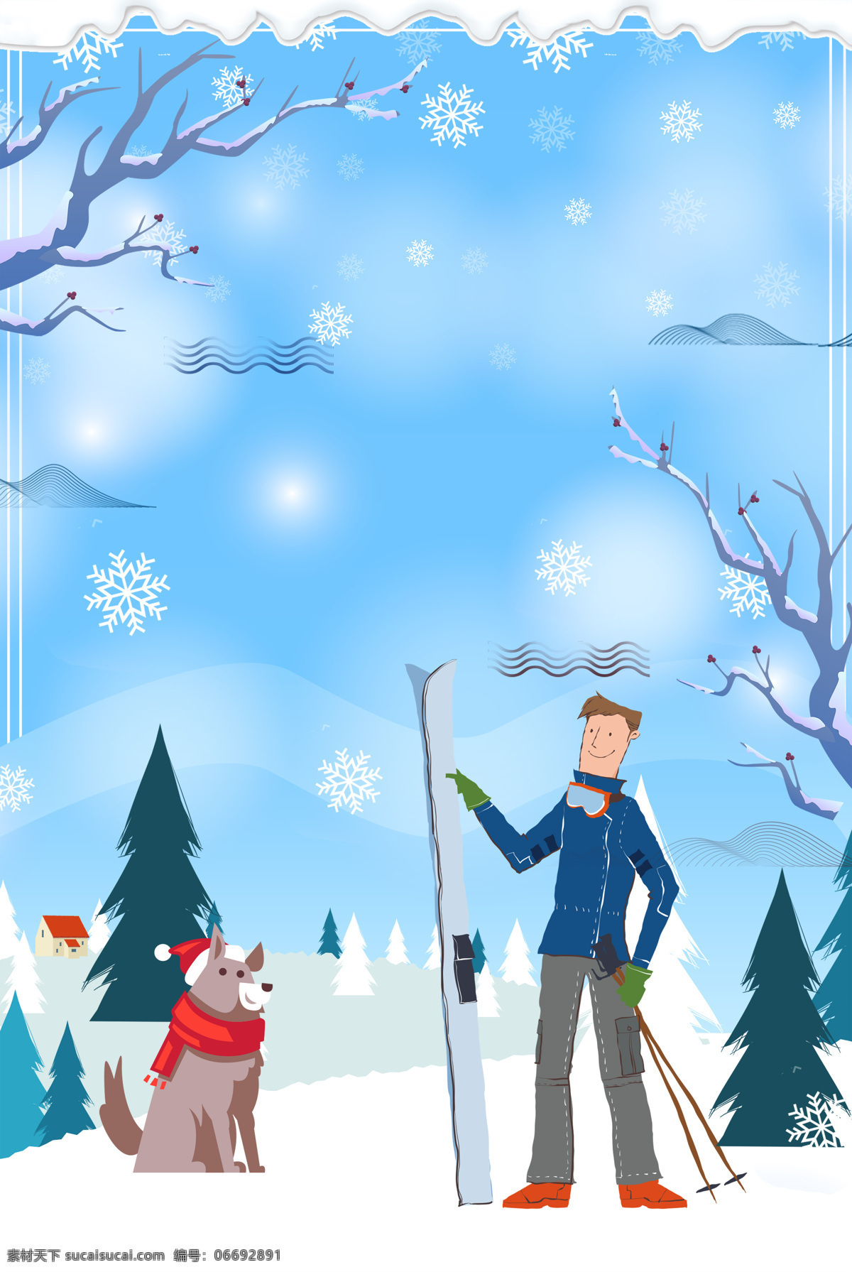 卡通 冬季 滑雪 广告 背景 白云 广告背景 蓝天 下雪 小狗 雪景
