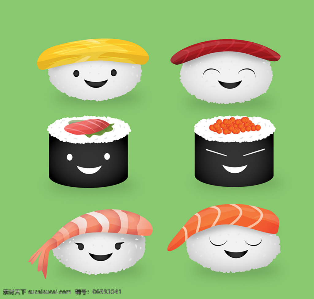 寿司设计矢量 飞鱼子寿司 寿司 日本料理 卡通 表情 矢量图 ai格式 绿色