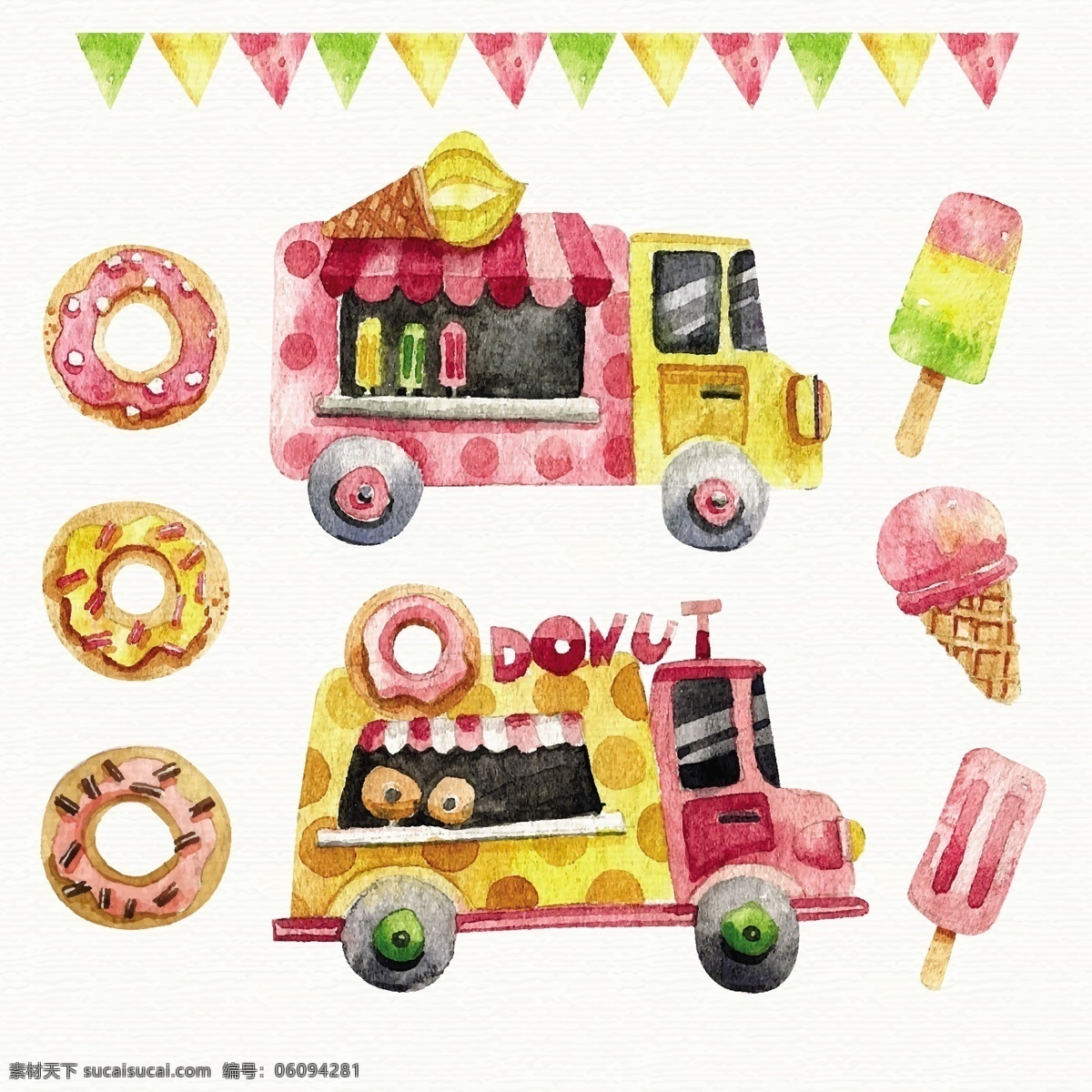 水彩 甜甜 圈 冰淇淋 食品 卡车 卡通 食物 甜甜圈 彩旗 夏天