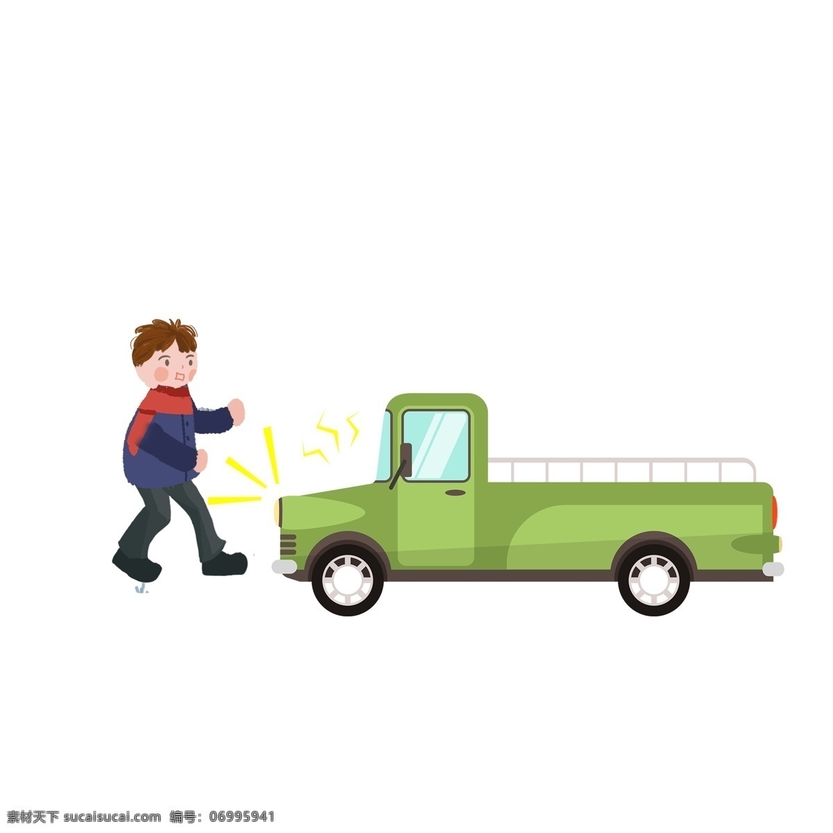 卡通 交通事故 场景 元素 插画 男孩 车子 货车 场景设计 撞车