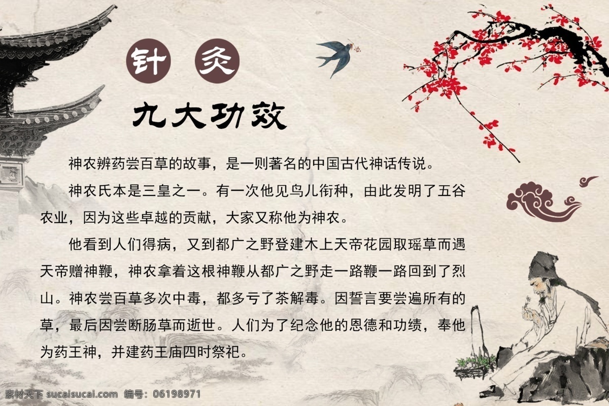 针灸功效图片 中国风 中医 针灸 山水 水墨 李时珍 背景 梅花 室内广告设计