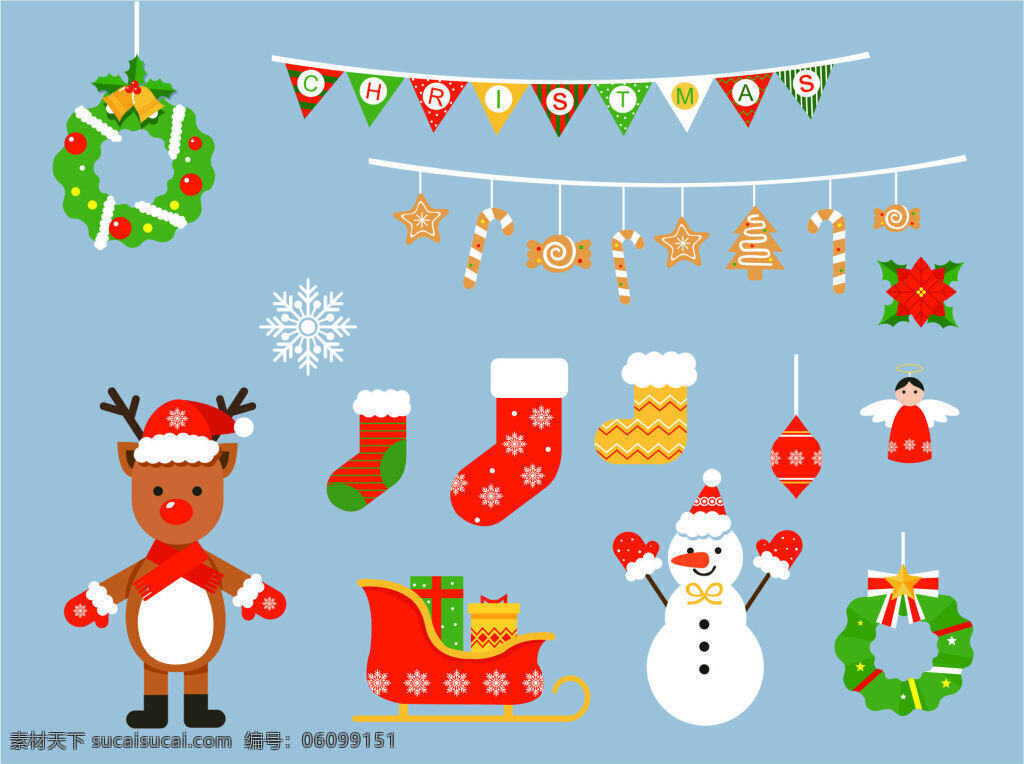 圣诞 节日卡 通 彩旗 花环 姜饼 节日 麋鹿 圣诞袜 雪橇 雪人 元素