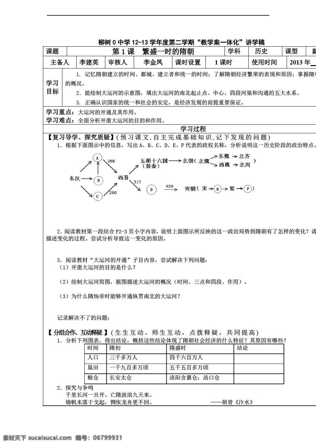 七 年级 下册 历史 课 繁盛 一时 隋朝 人教版 七年级下册 学案