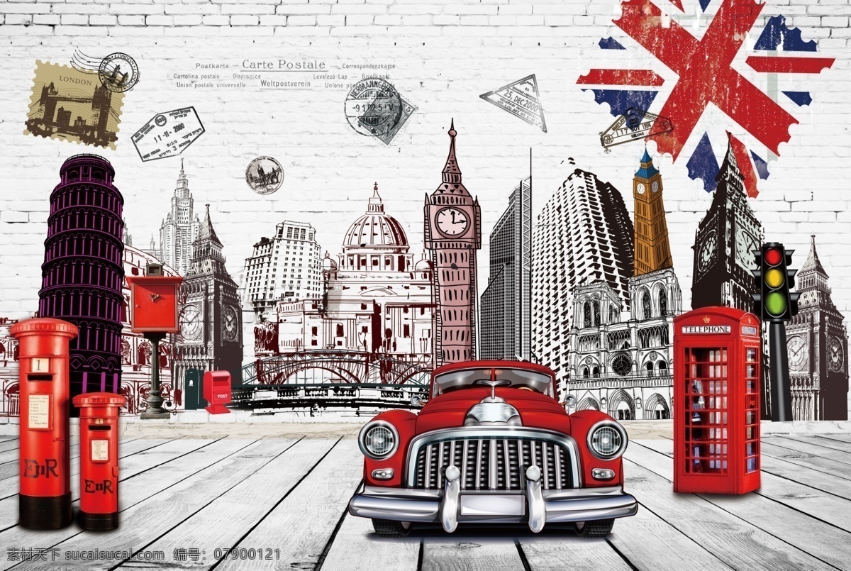 英国元素 欧洲 英国 汽车 漫画英国 源文件 电话亭 邮筒 英国国旗 素描