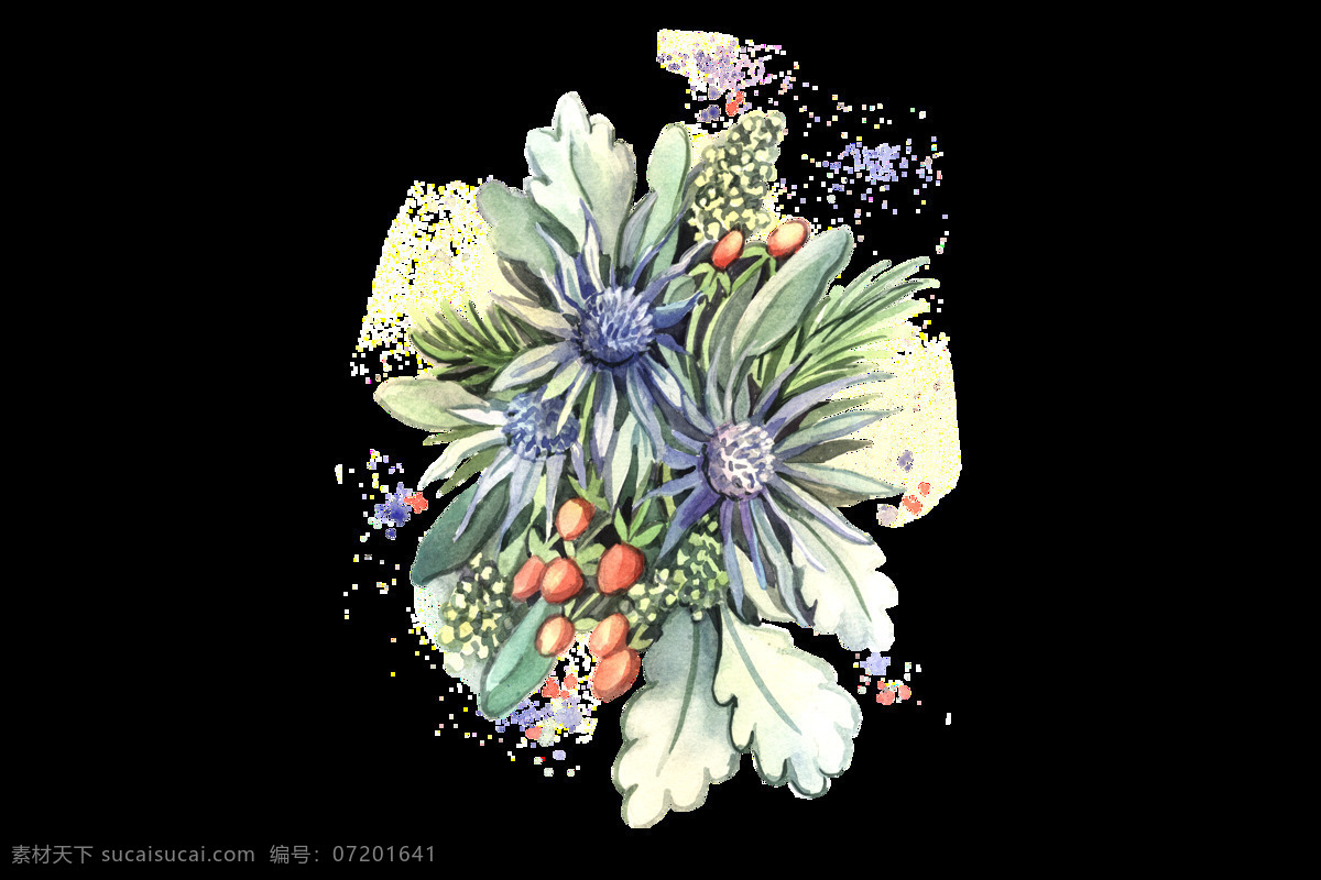 手绘 蓝色 美丽 装饰 花朵 透明 立体 红色果子 透明叶子 绿叶 免扣素材 装饰图案