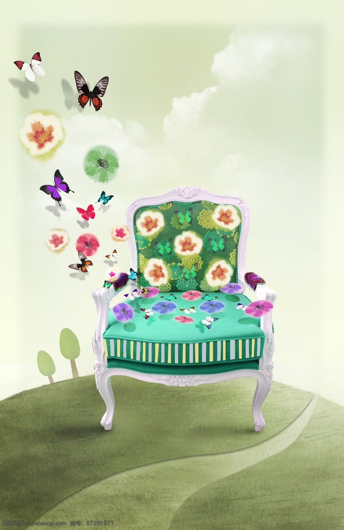 放在 草地 上 绿色 椅子 源文件 蝴蝶 花朵 白色 条纹 装饰图案