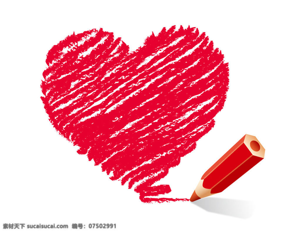 红色 彩 铅 手绘 爱心 矢量图 彩铅 蜡笔 心 情人节 白色