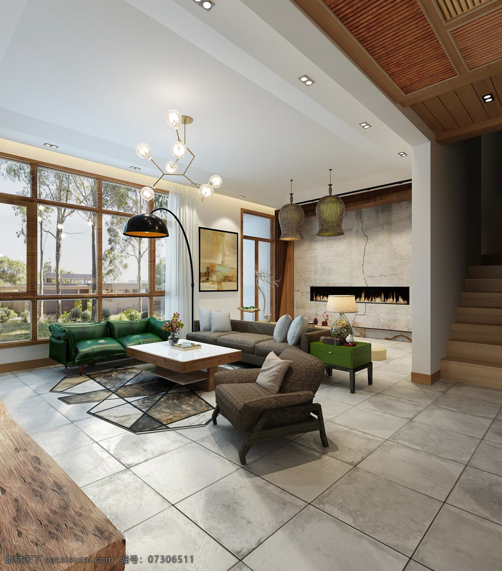 现代 时尚 客厅 做 旧 地板 室内装修 效果图 客厅装修 瓷砖地板 褐色沙发椅 绿色沙发组合