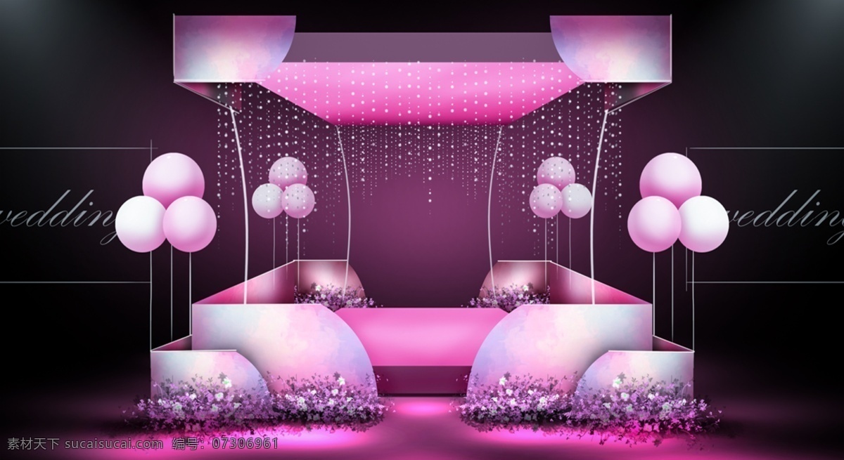 梦幻 粉色 气球 仪式 进场 区 婚礼 效果图 花艺 婚礼效果图 珠帘 进场区 仪式区 婚礼手绘