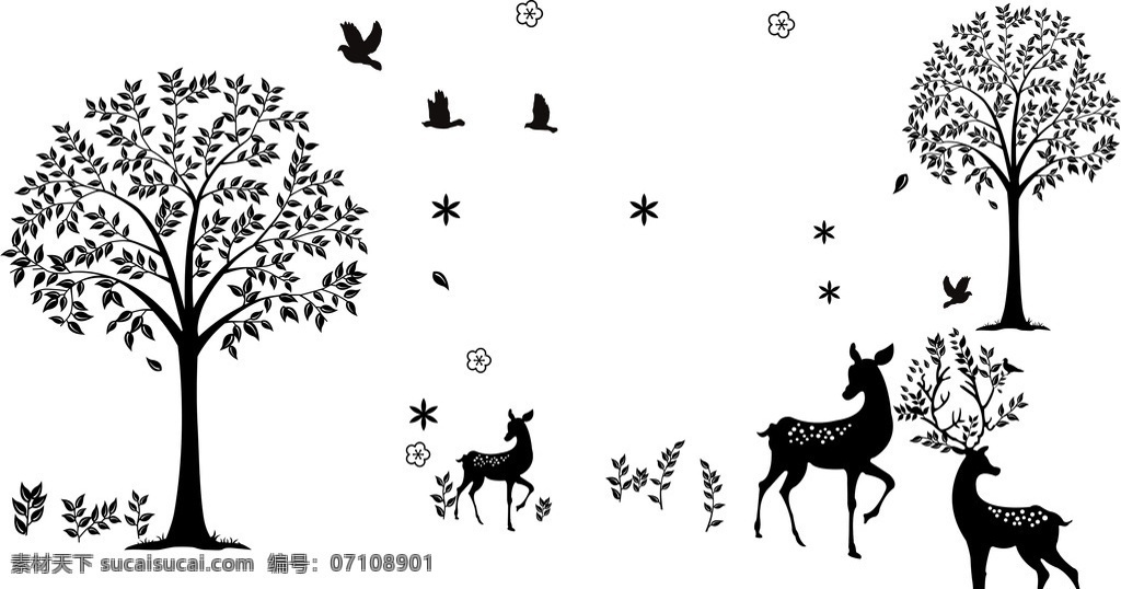 树矢量图 雪花鹿 小鸟 翠花 硅藻泥 卡通设计