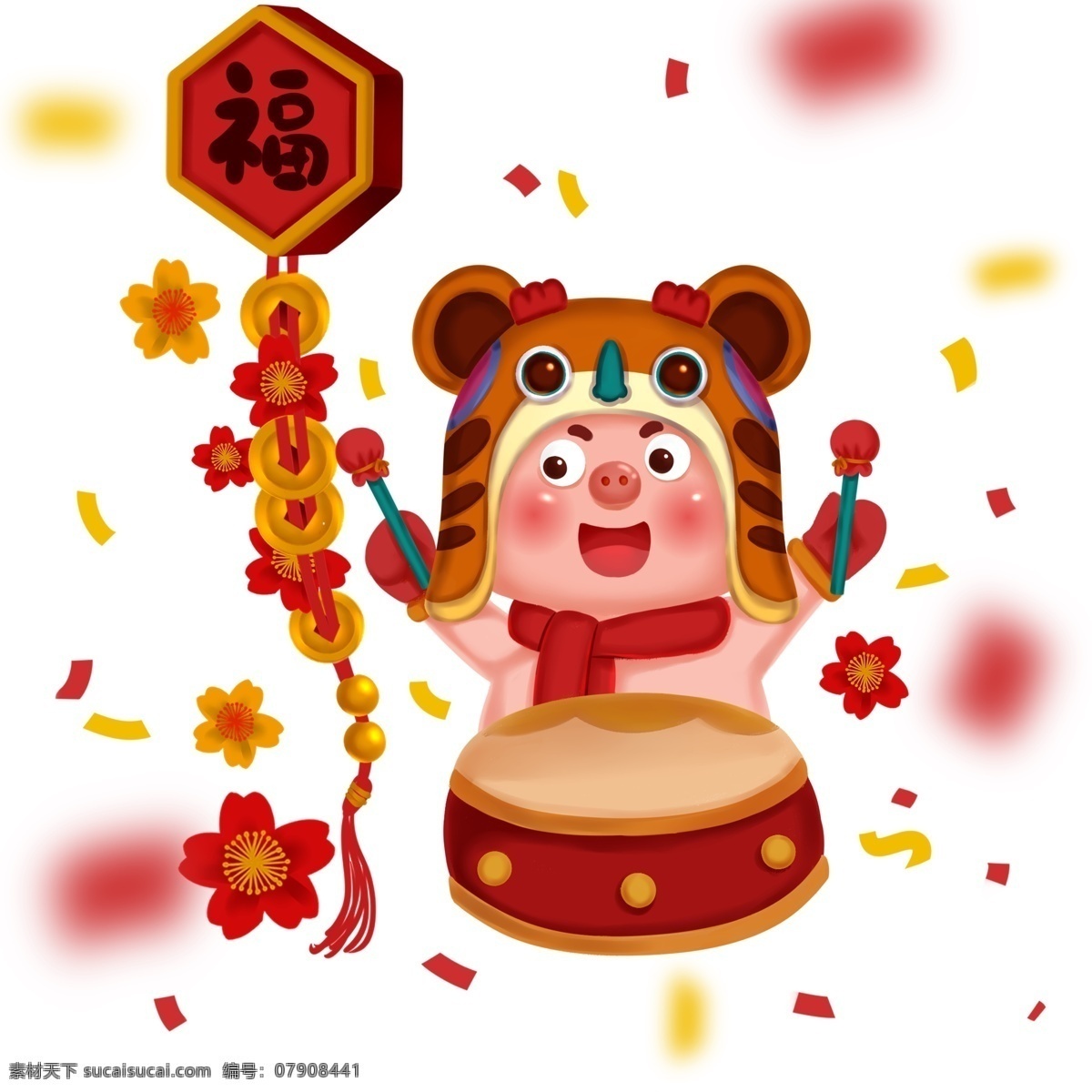 2019 新年 红色 喜庆 卡通 猪 敲鼓 猪事顺利 猪年 大吉 手绘 好运来 开心 虎头帽 拜年 过大年