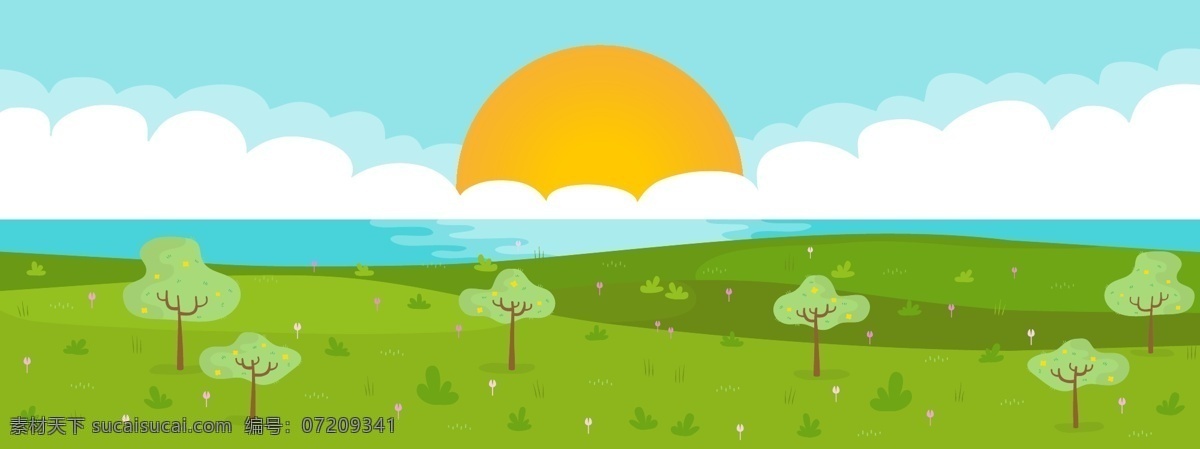 矢量卡通插画 矢量 卡通 插画 草地 太阳 风景 自然景观 自然风光