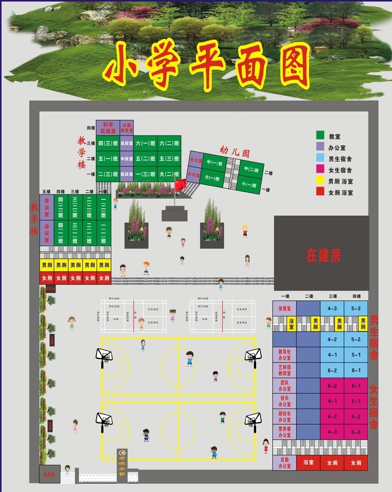 学校平面图 规划 小学 绿化 道路 广告设计模板